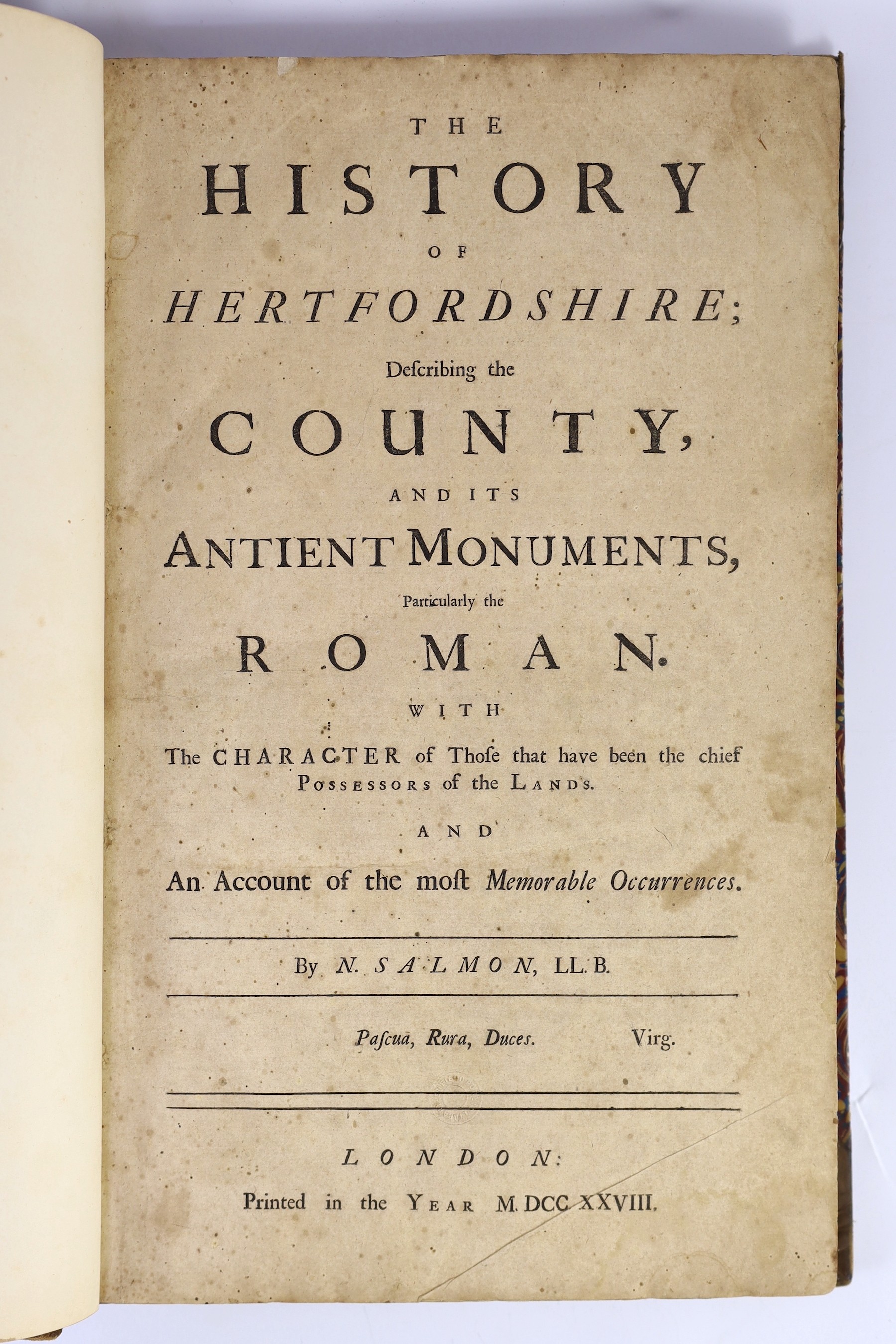 HERTFORDSHIRE - Salmon, Nathaniel - The History of Hertfordshire, folio, 19th century half calf, re-labelled, renewed endpapers, with engraved folded map, (much creased), some leaves wormed, London, 1728, Note: One of 18